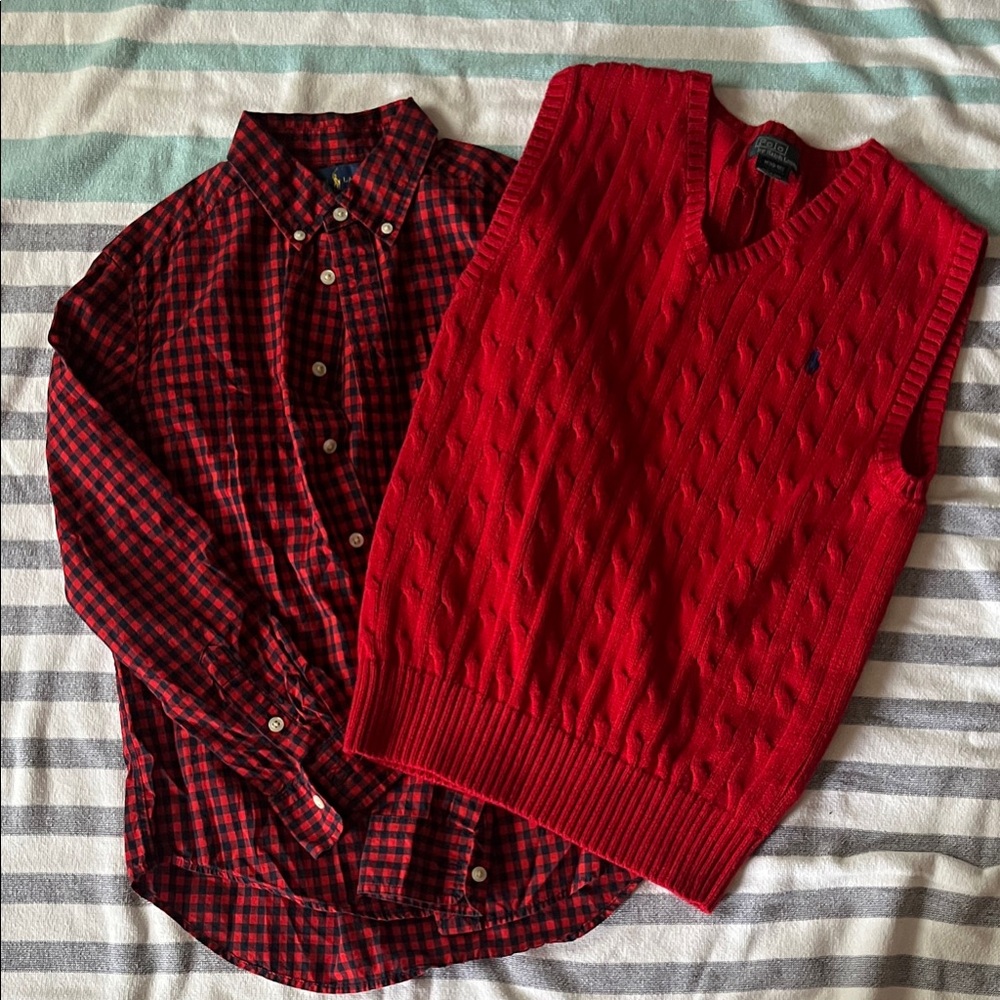 Ralph Lauren Red V-Neck Sweater Vest & Red and Blue button down